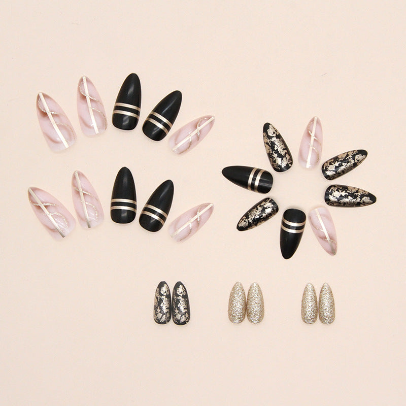 Black Golden Press On Nails Medium