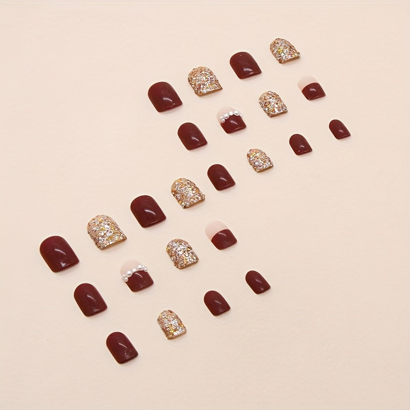 Wine Red Sparkling Fragment Wearable Nail Festival Atmosphere New Year Feeling Nail Art Pieces Bride Style