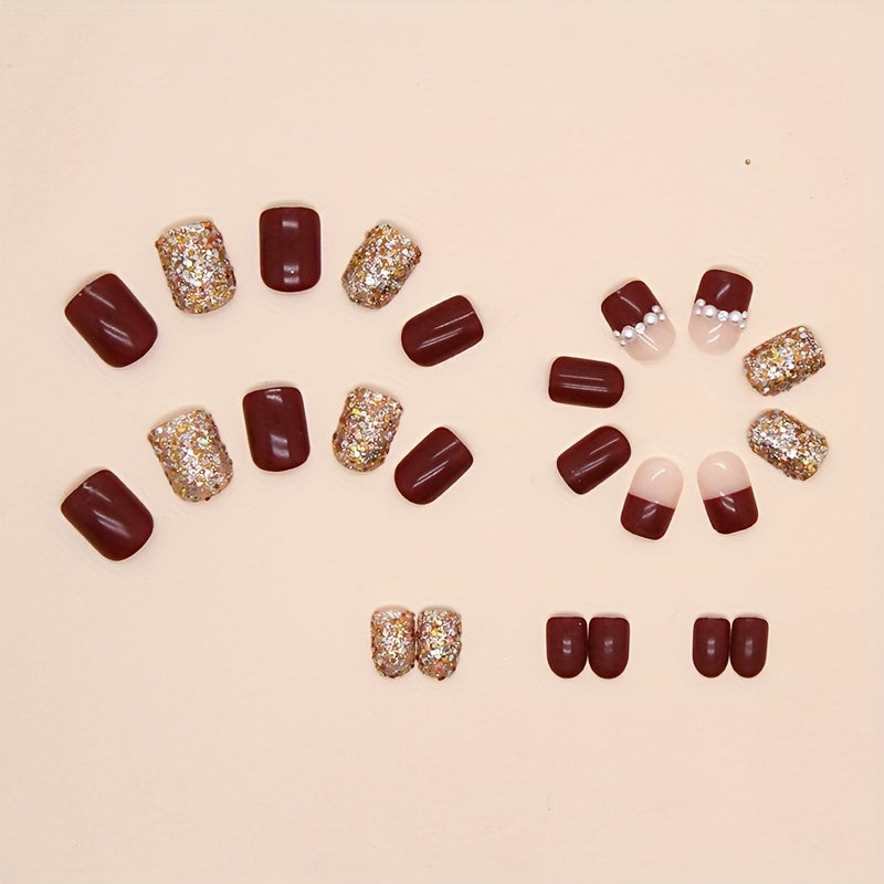 Wine Red Sparkling Fragment Wearable Nail Festival Atmosphere New Year Feeling Nail Art Pieces Bride Style
