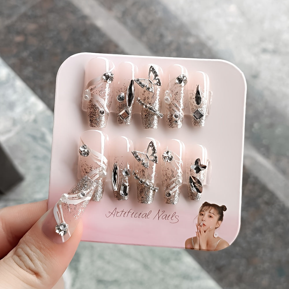 Handmade Glossy Long Coffin Press On Nails Pinkish French Style