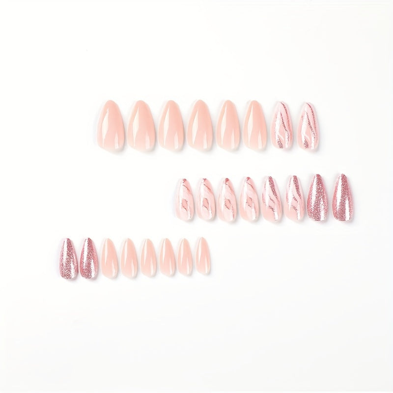 Pink Glitter Almond Medium Length Nails