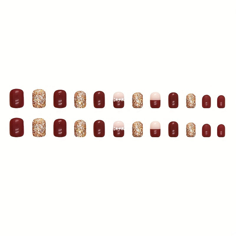 Wine Red Sparkling Fragment Wearable Nail Festival Atmosphere New Year Feeling Nail Art Pieces Bride Style