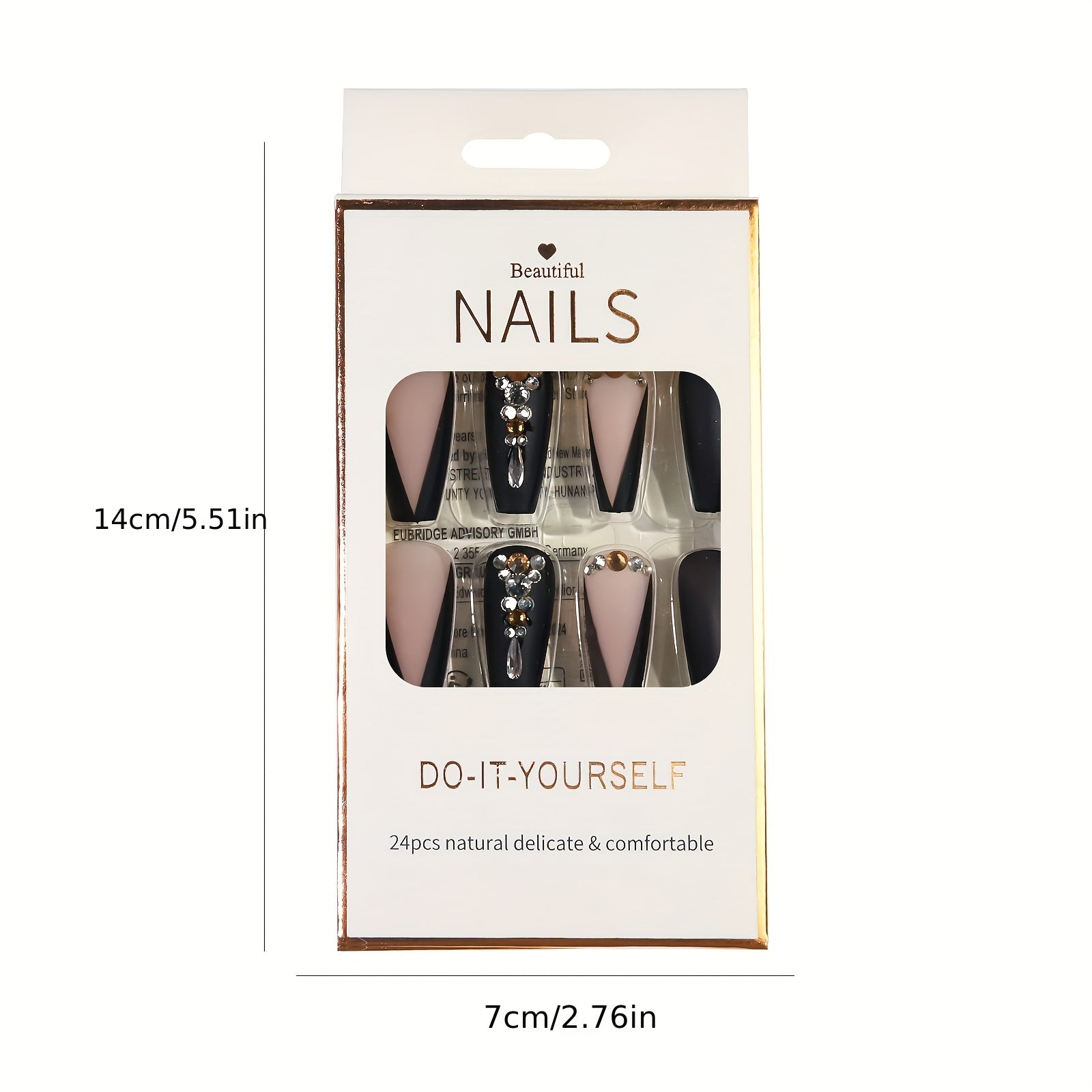 Long Luxury Rhinestone Fake Nails β Black French Tips