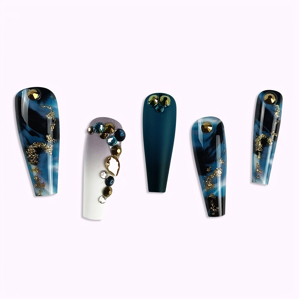 Long Marbled Fake Nails Rhinestone Coffin Dark Green