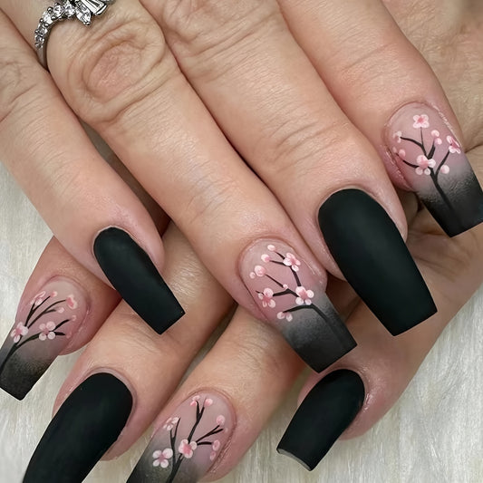 Long Black Frosted Cherry Blossom Pattern Nails.