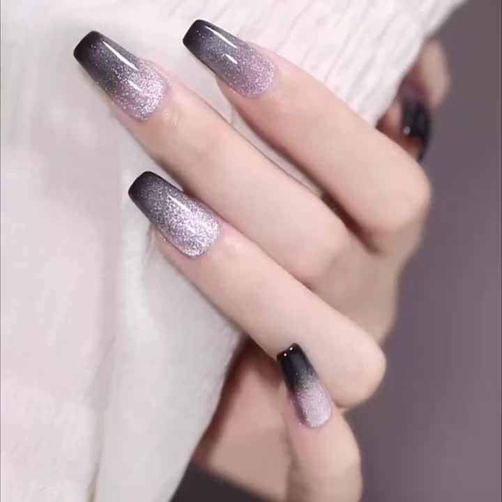 Black Pinkish Gradient Glitter Cat Eye, Starry Sky Press On Nails