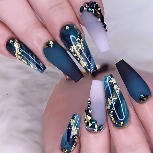 Long Marbled Fake Nails Rhinestone Coffin Dark Green