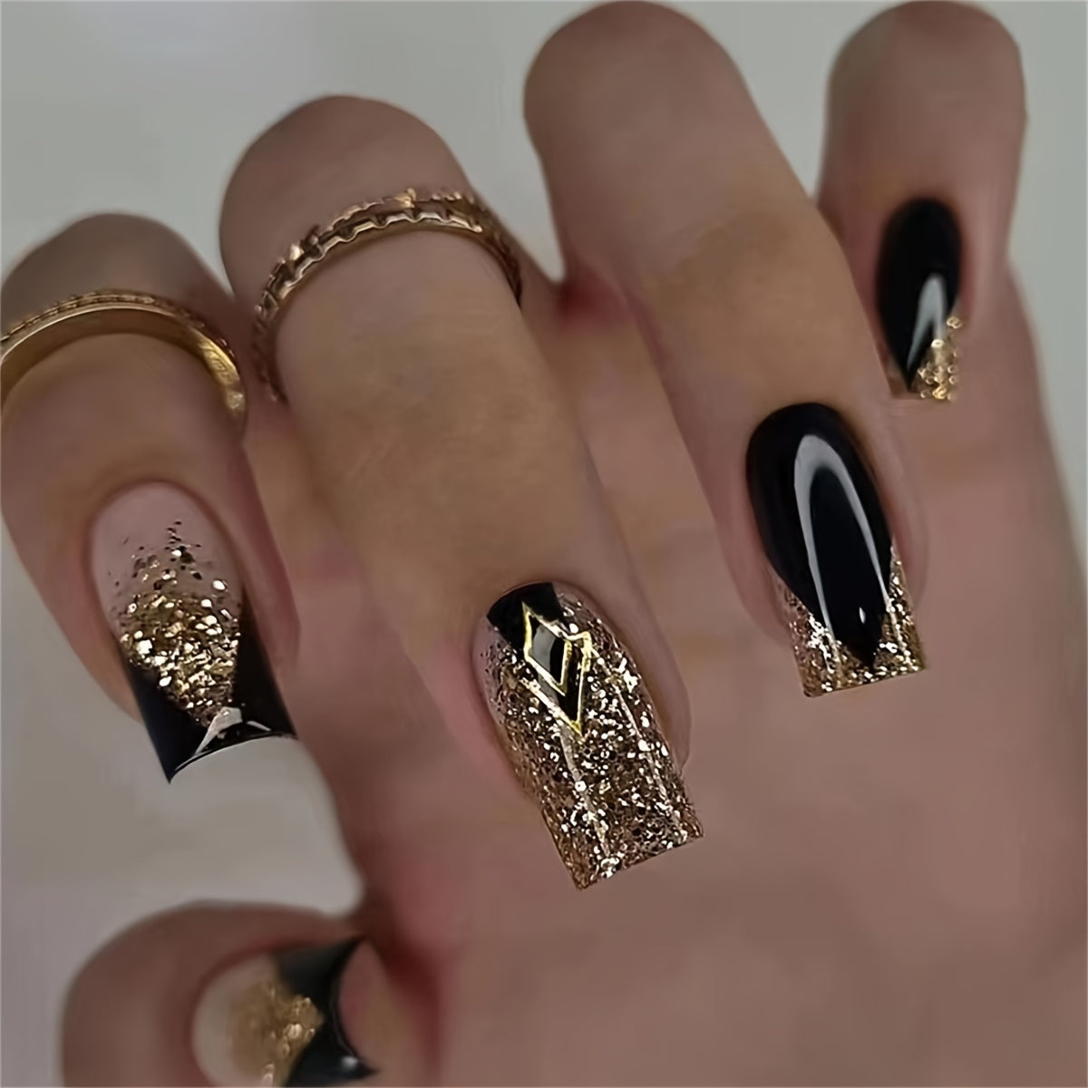 Square French Tip Golden Glitter False Nails