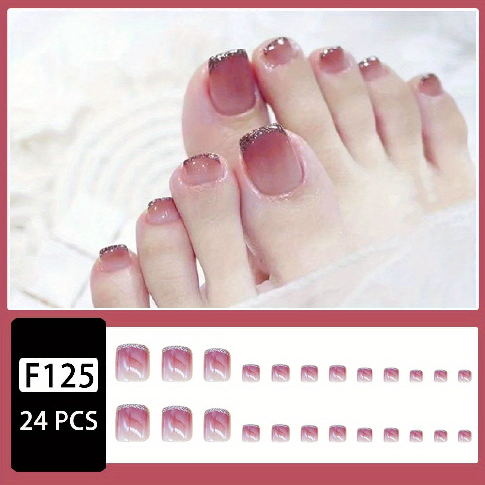 24pcs Grape Purple Gradient Press On Toenails, Square Fake Toenails With Silver Glitter Edge Design