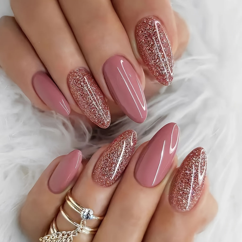 24pcs Set of Medium Almond in Peach Pink with Glitter Accents, Includes Jelly Adhesive & Nail File