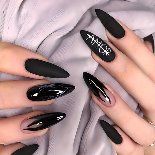 Long Almond Black And Pink Fake Nails