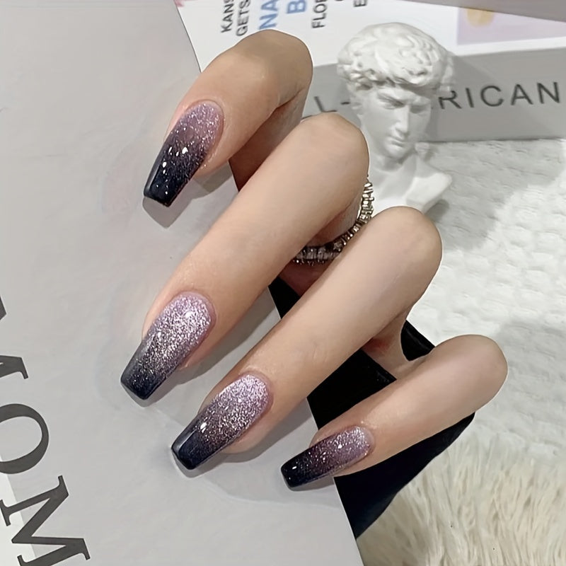 Black Pinkish Gradient Glitter Cat Eye, Starry Sky Press On Nails