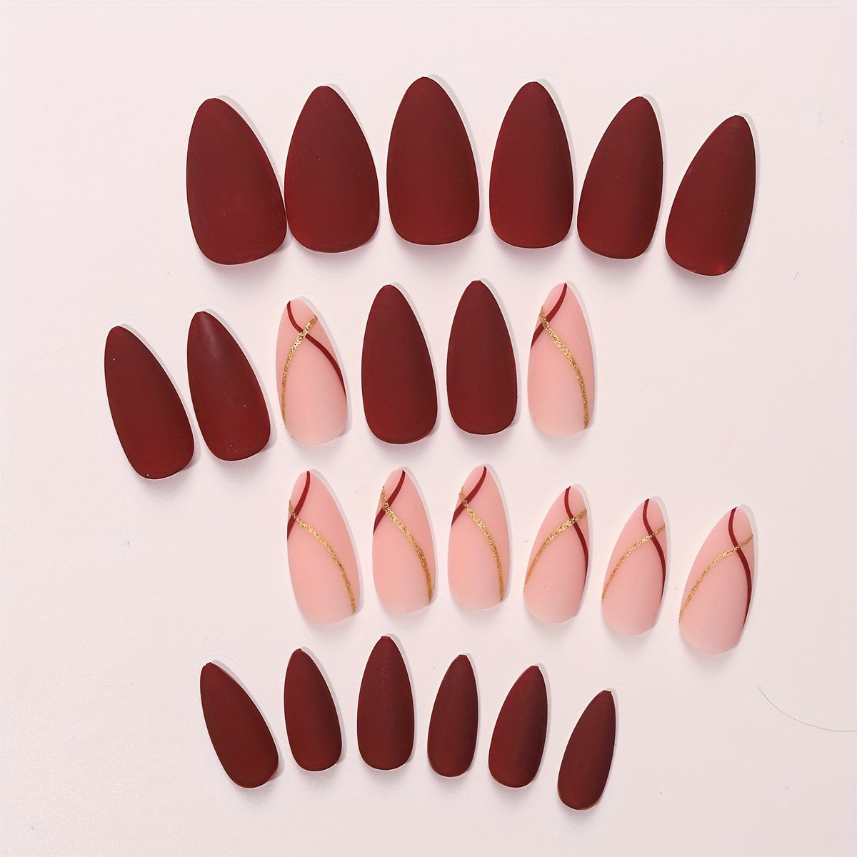 24pcs Matte Medium Red Nails Golden Glitter Line Design