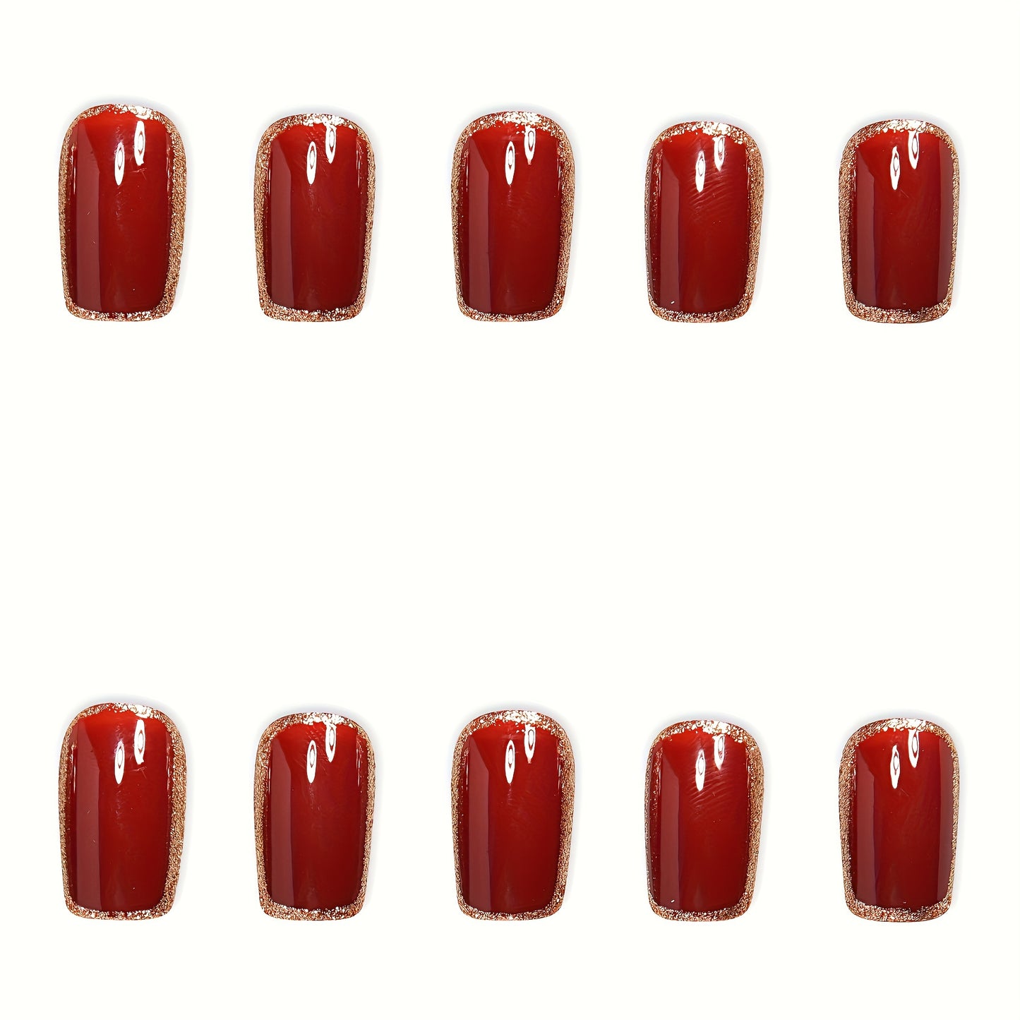 24-Piece Press-On Nail Set - Elegant Red & Golden Square Shape, Medium Length