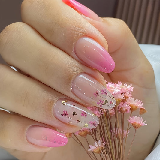 Gradient Pink Almond-Shaped Nails Floral Design