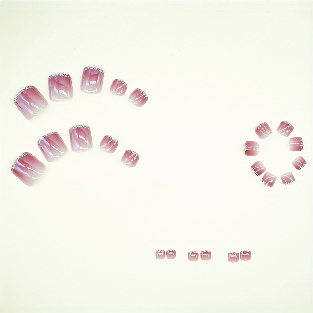 24pcs Grape Purple Gradient Press On Toenails, Square Fake Toenails With Silver Glitter Edge Design