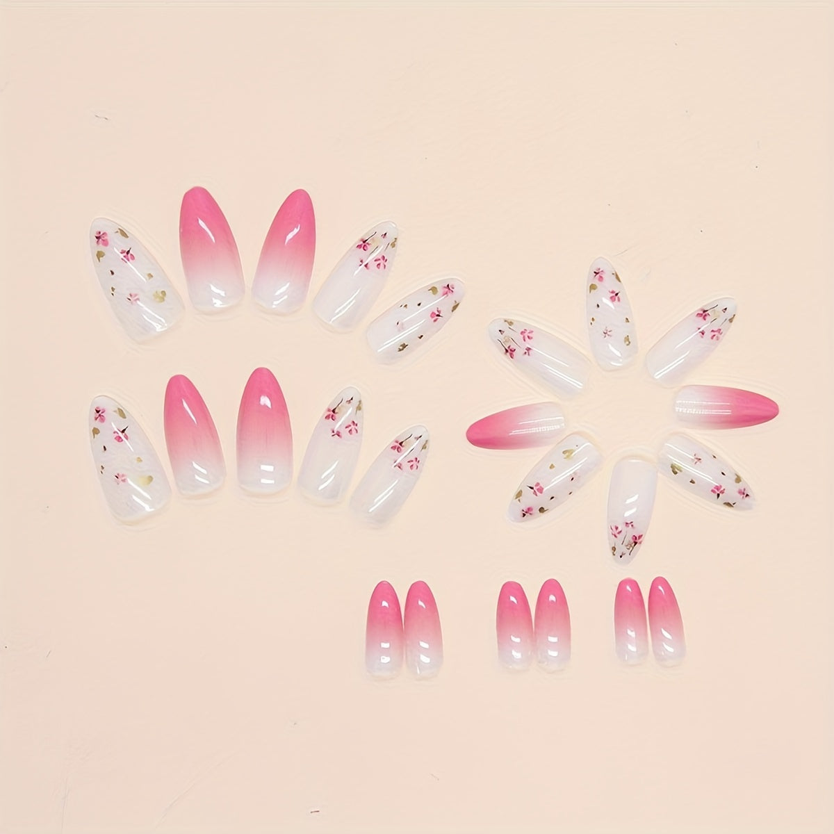 Gradient Pink Almond-Shaped Nails Floral Design