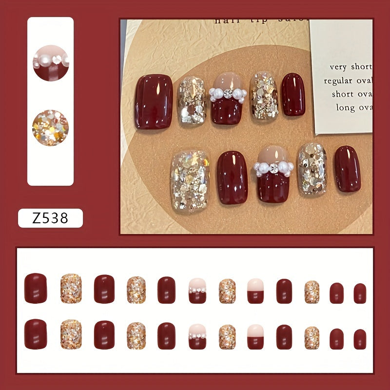 Wine Red Sparkling Fragment Wearable Nail Festival Atmosphere New Year Feeling Nail Art Pieces Bride Style