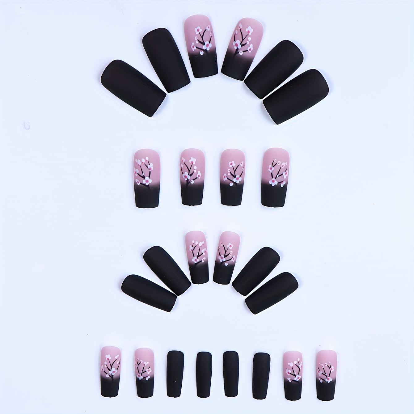 Long Black Frosted Cherry Blossom Pattern Nails.