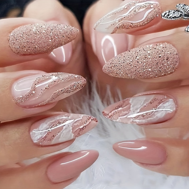 Pink Glitter Almond Medium Length  Nails