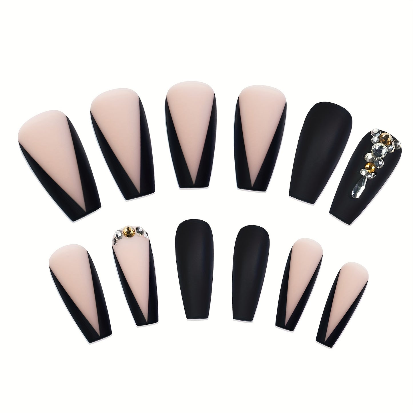 Long Luxury Rhinestone Fake Nails – Black French Tips