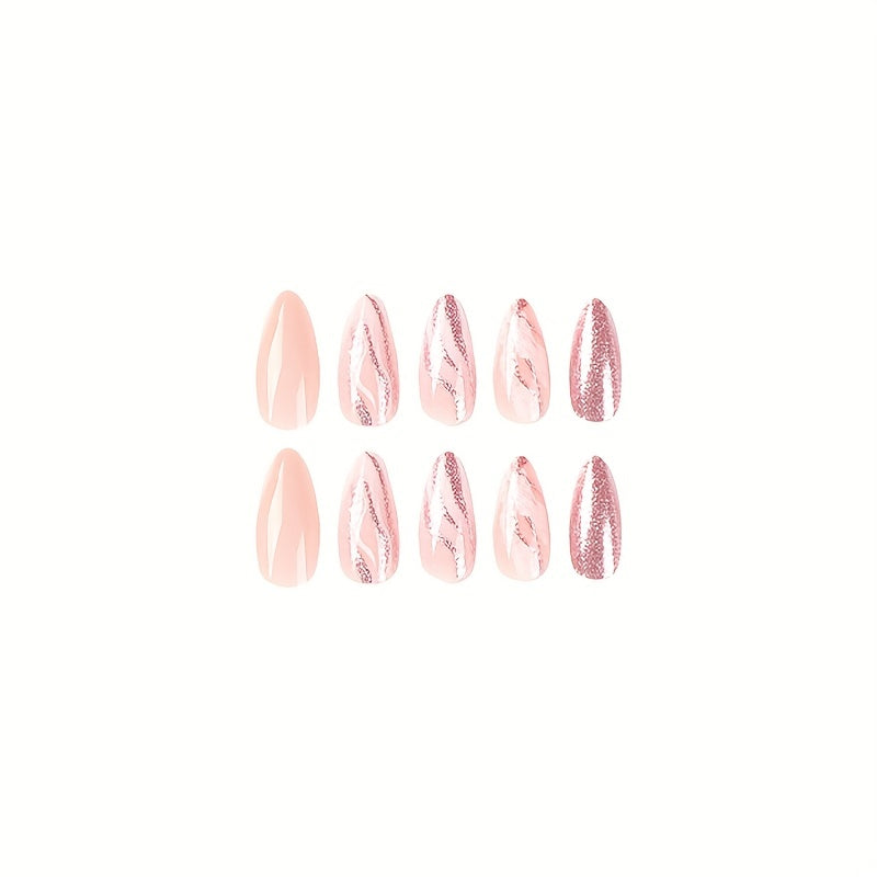 Pink Glitter Almond Medium Length  Nails