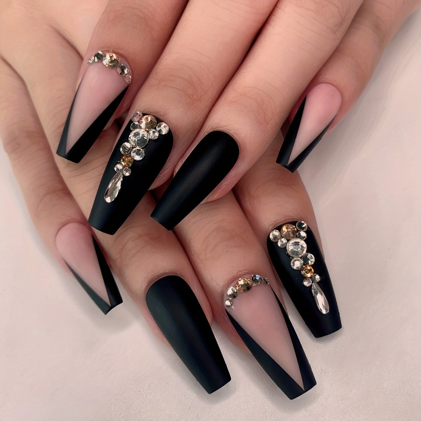 Long Luxury Rhinestone Fake Nails – Black French Tips