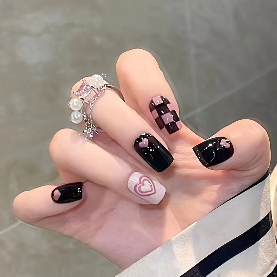 Short Square Heart Checkerboard Pattern Nails