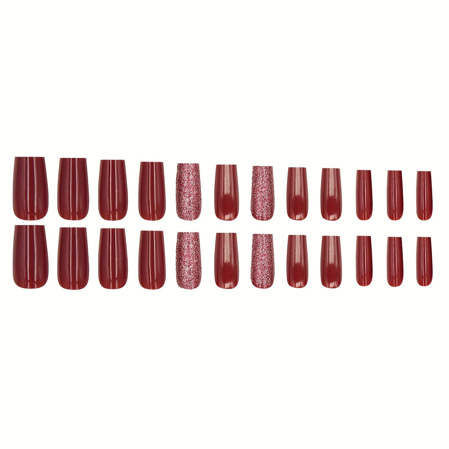 Glitter Burgundy , Long Coffin Shape Fake Nails