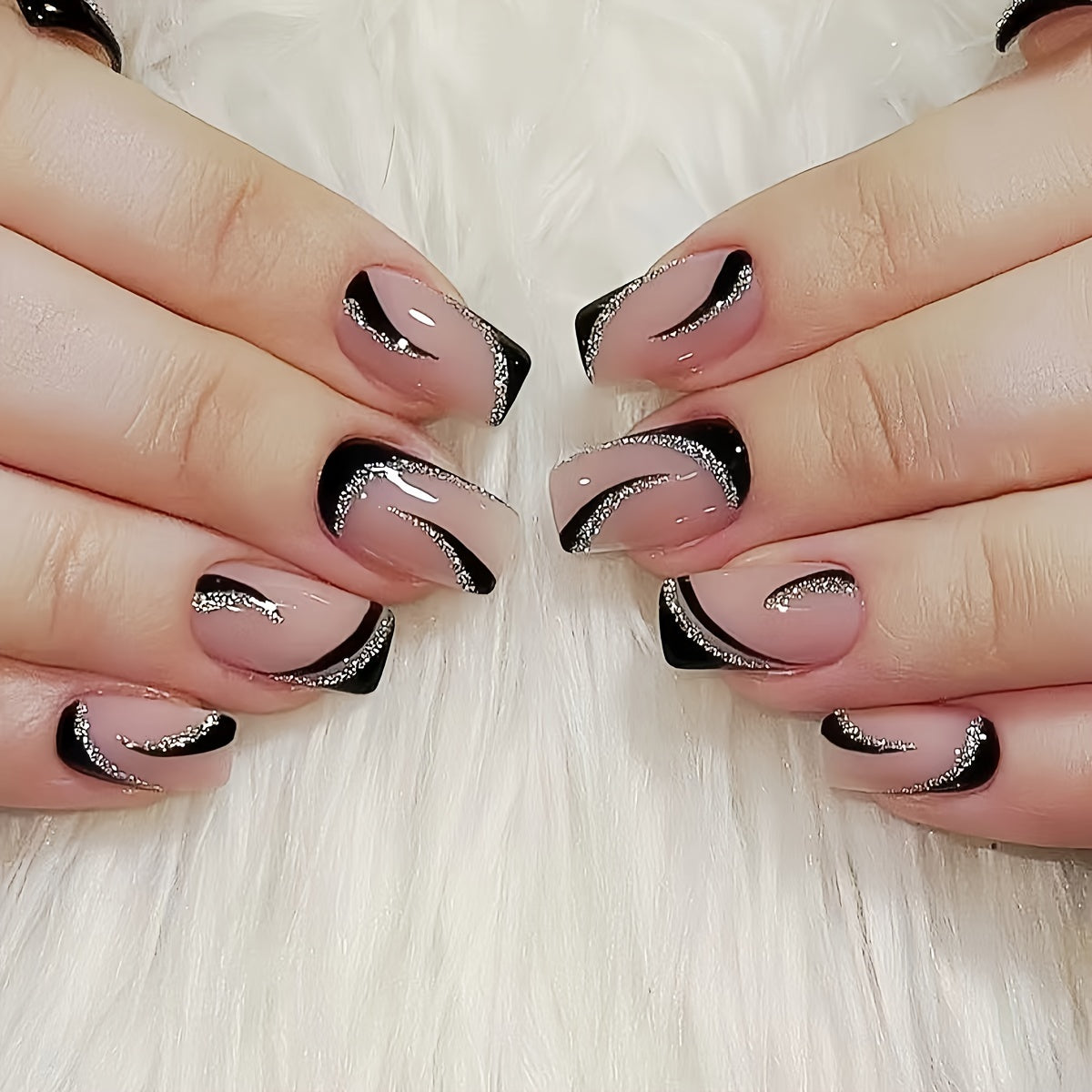 Black Glossy Square Short Nails with Silver Glitter Gradient Design