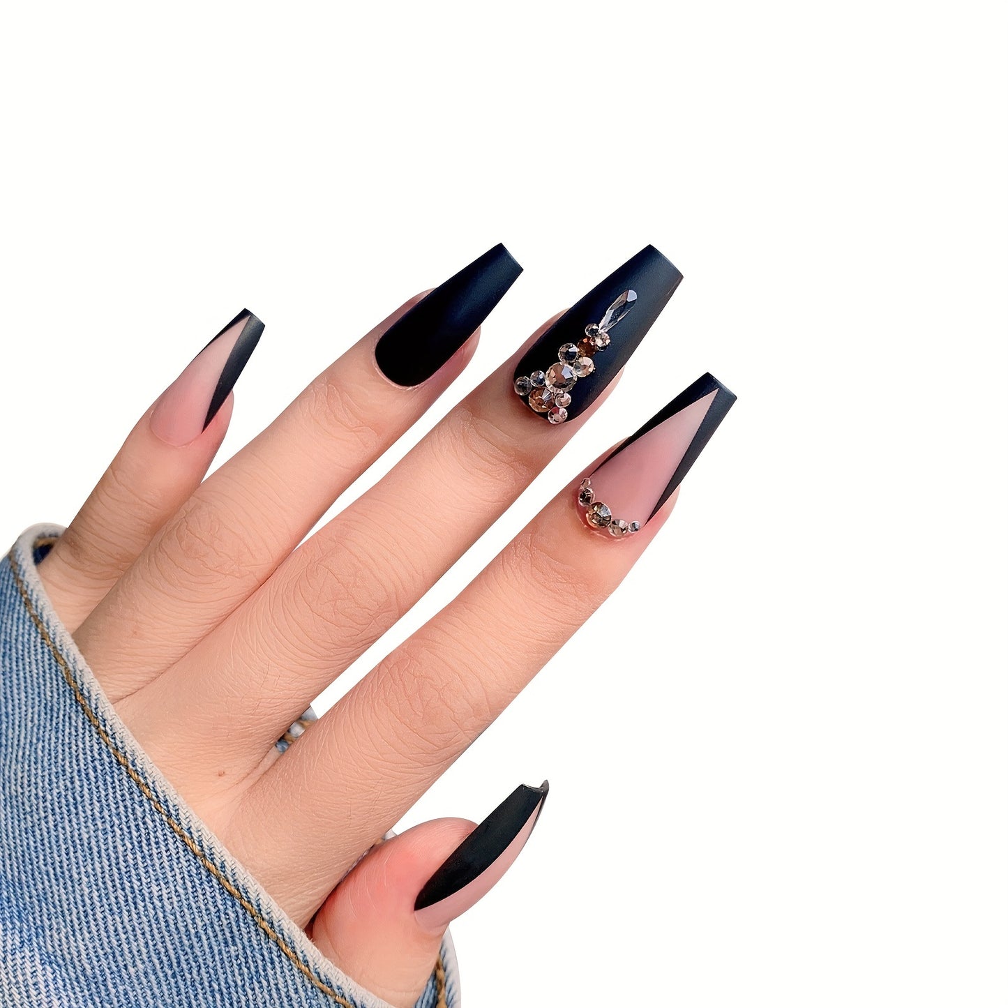 Long Luxury Rhinestone Fake Nails – Black French Tips