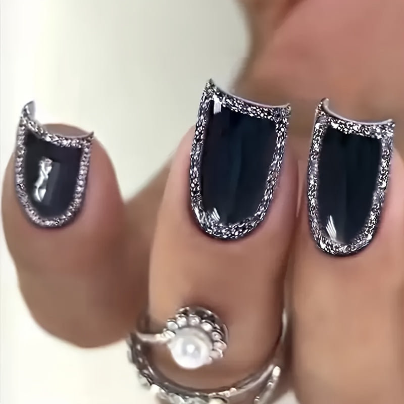 Square Black Glitter Circle Design Nails