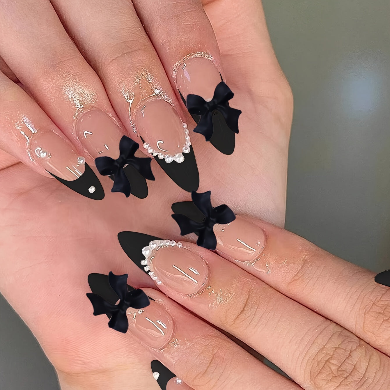 Pink Glitter Almond-Shaped Nail Set with 3D Bow Design & Pearl Accents