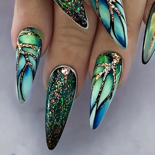 Glossy Long Stiletto Fake Nails - Ombre Green