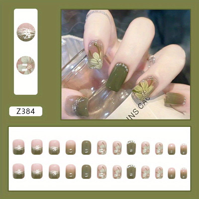 Elegant Green Tea Flower Nail Decals with Pearl And Diamond Accents - Perfect for a Sophisticated Look