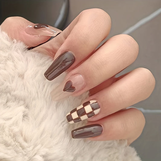 Fall Brown Long Coffin Checkboard Fake Nails