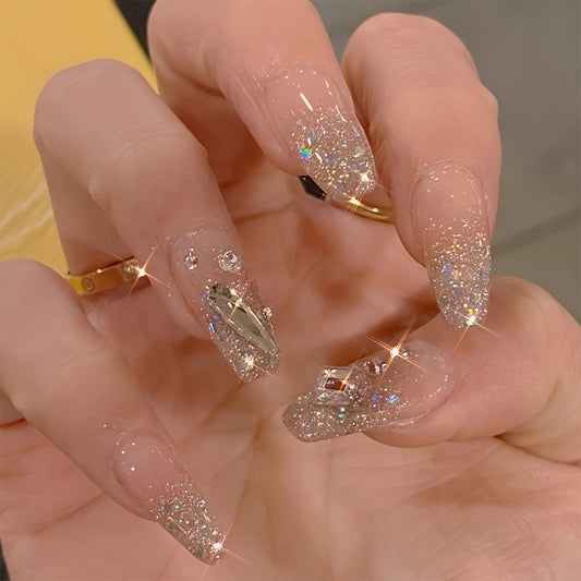 Shinny And Artificial Gem Design Nails