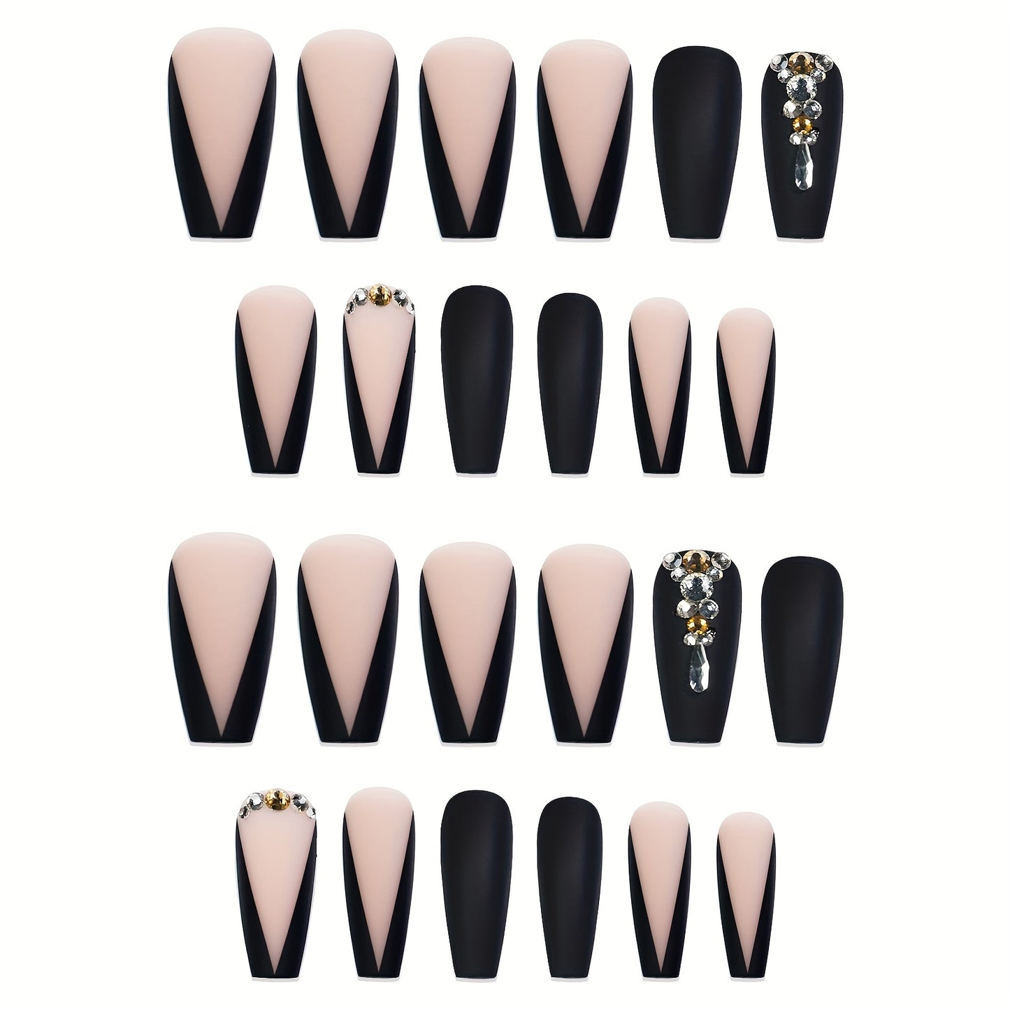 Long Luxury Rhinestone Fake Nails – Black French Tips