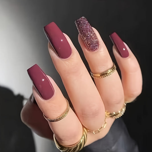 Glitter Burgundy , Long Coffin Shape Fake Nails