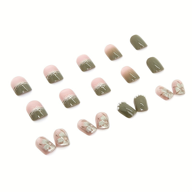 Elegant Green Tea Flower Nail Decals with Pearl And Diamond Accents - Perfect for a Sophisticated Look