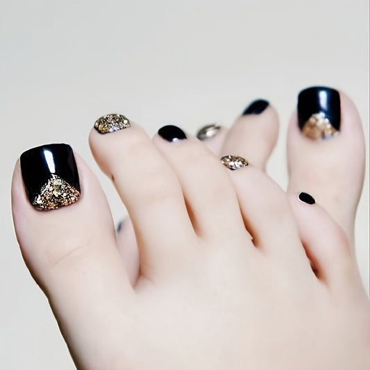 Glossy Toe Black Glitter Fake Nails