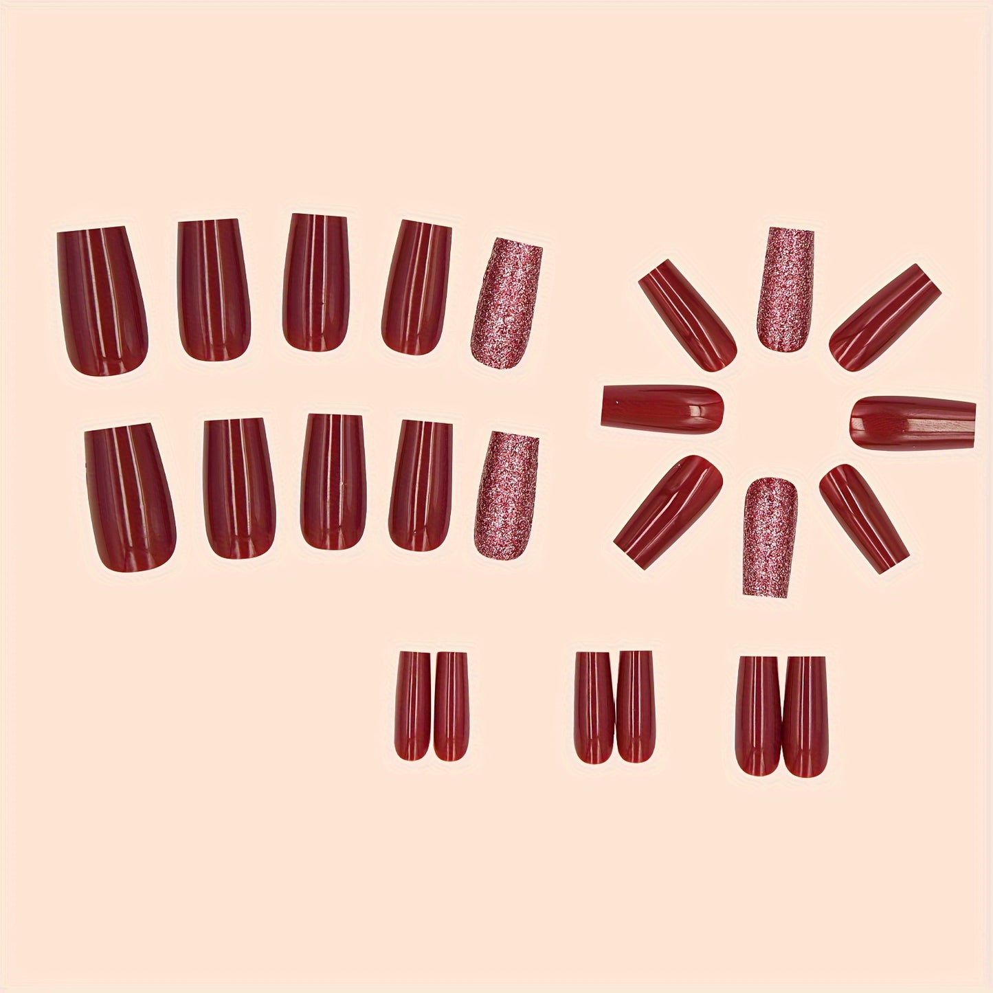 Glitter Burgundy , Long Coffin Shape Fake Nails