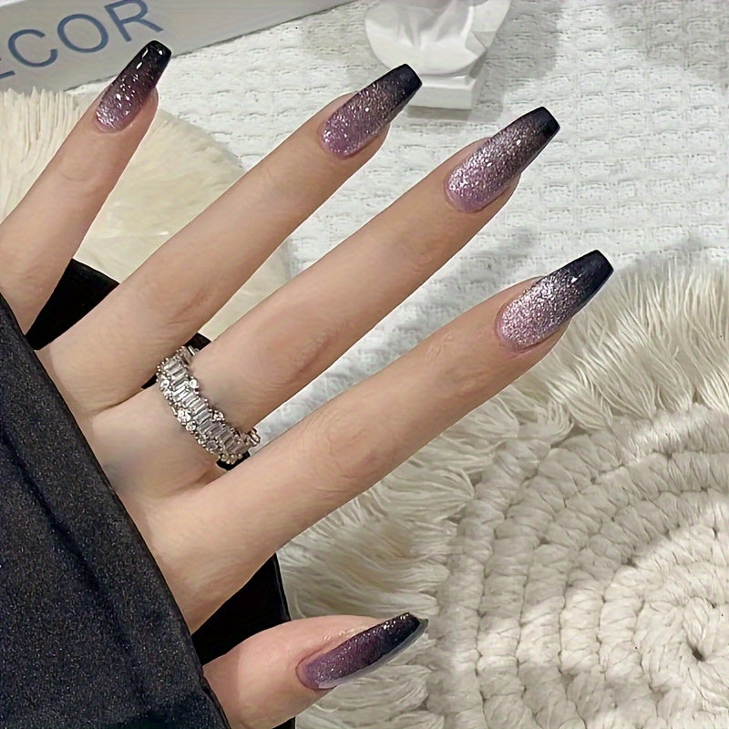 Black Pinkish Gradient Glitter Cat Eye, Starry Sky Press On Nails