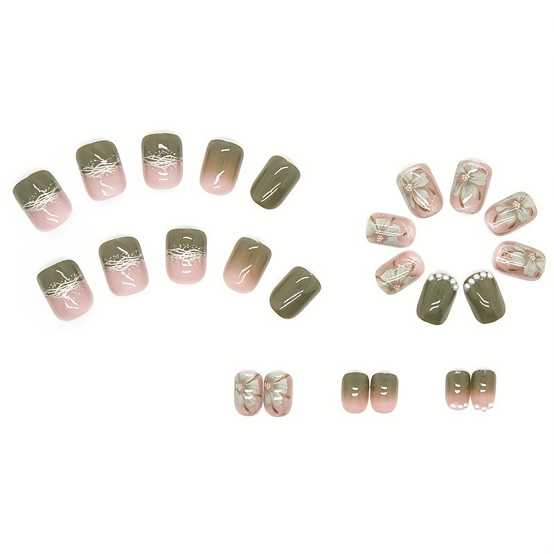 Elegant Green Tea Flower Nail Decals with Pearl And Diamond Accents - Perfect for a Sophisticated Look