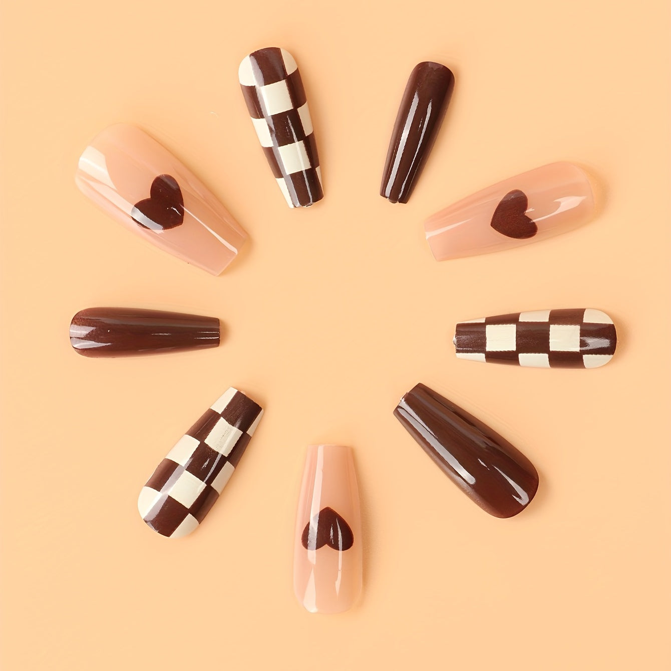 Fall Brown Long Coffin Checkboard Fake Nails