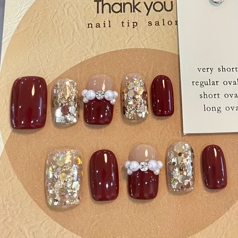 Wine Red Sparkling Fragment Wearable Nail Festival Atmosphere New Year Feeling Nail Art Pieces Bride Style