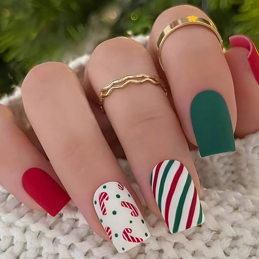 Holiday Matte Red & Green Nail Art with Candy Cane Accents