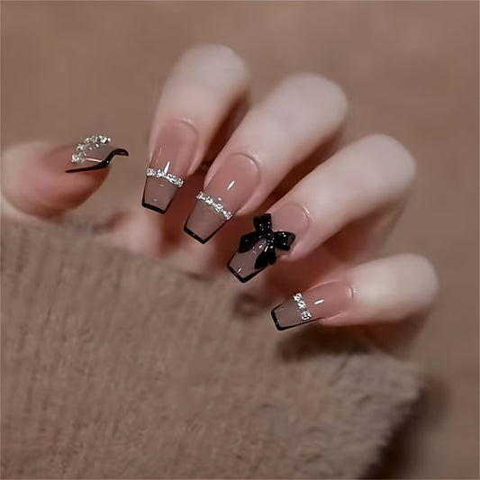 Black French Tip Fake Nails, 3D Bow Stick