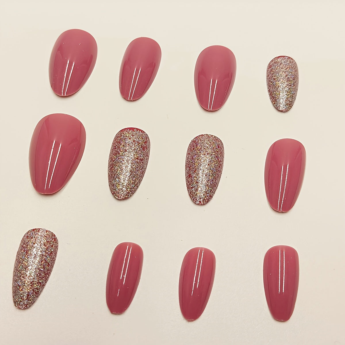 24pcs Set of Medium Almond in Peach Pink with Glitter Accents, Includes Jelly Adhesive & Nail File