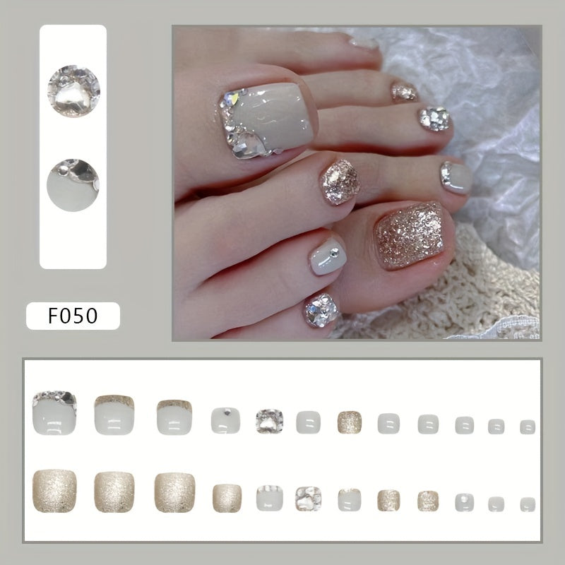 24pcs Square Fake Toenails, With Glitter Golden Powder And Glossy Rhinestone On Toenails